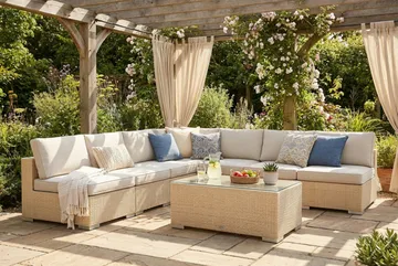 Bahamas utendørs hjørnesofa 7-seters vendbar med åpen avslutning og bord - Beige - Hagemøbler & utemiljø - Loungemøbler - Loungegrupper