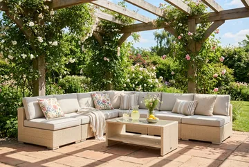 Bahamas utendørs hjørnesofa 7-seters vendbar med åpen avslutning og bord med hylle - Beige - Hagemøbler & utemiljø - Loungemøbler - Loungegrupper