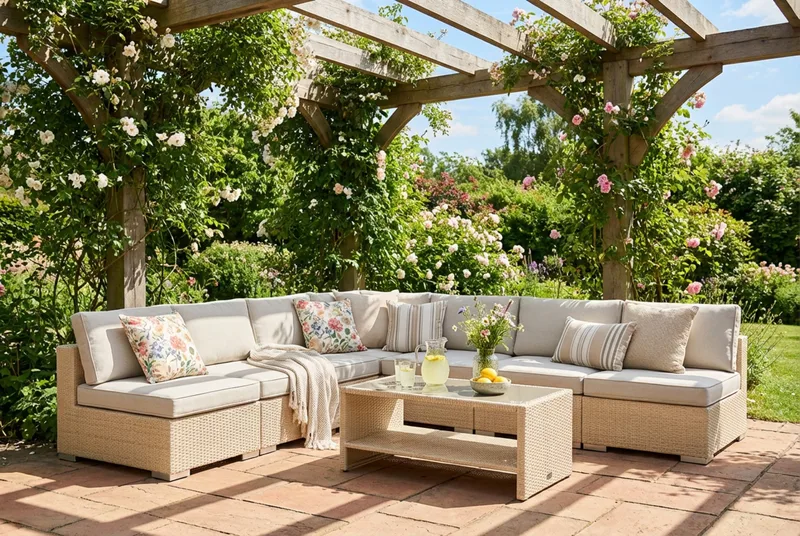Bahamas utendørs hjørnesofa 7-seters vendbar med åpen avslutning og bord med hylle - Beige - Hagemøbler & utemiljø - Loungemøbler - Loungegrupper