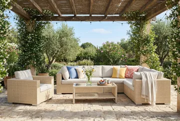 Bahamas utendørs L-sofa høyre 7-seters med lenestol og bord med hylle - Beige - Hagemøbler & utemiljø - Loungemøbler - Loungegrupper