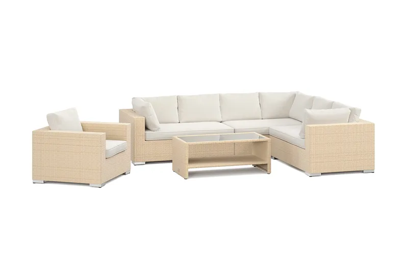 Bahamas utendørs L-sofa høyre 7-seters med lenestol og bord med hylle, Beige