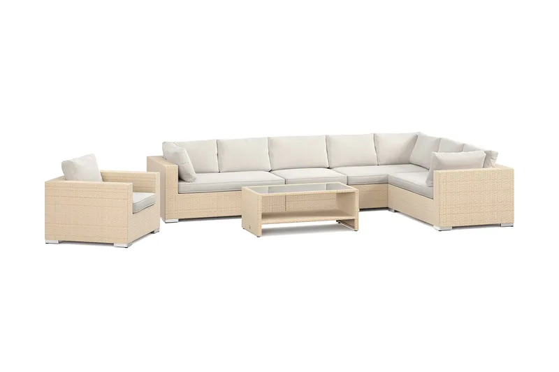 Bahamas utendørs L-sofa høyre 8-seters med lenestol og bord med hylle, Beige
