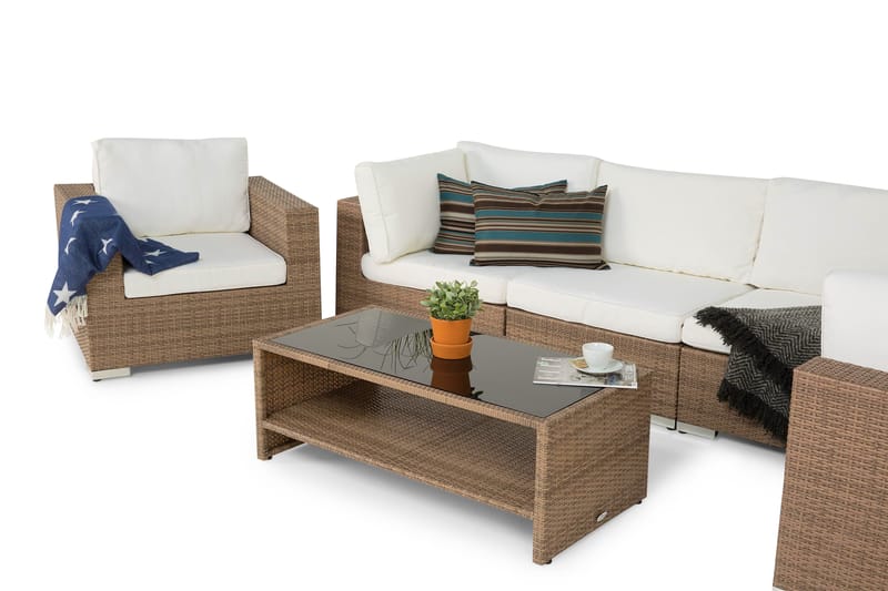 Loungegrupp Bahamase 6 Pers Bord m Hylle - Lenestol Sand - Hagemøbler & utemiljø - Loungemøbler - Loungegrupper