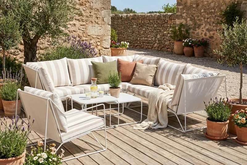 Usteryd utendørs hjørnesofa 6-seter vendbar med lenestol - Beige/Stripet - Hagemøbler & utemiljø - Loungemøbler - Loungegrupper