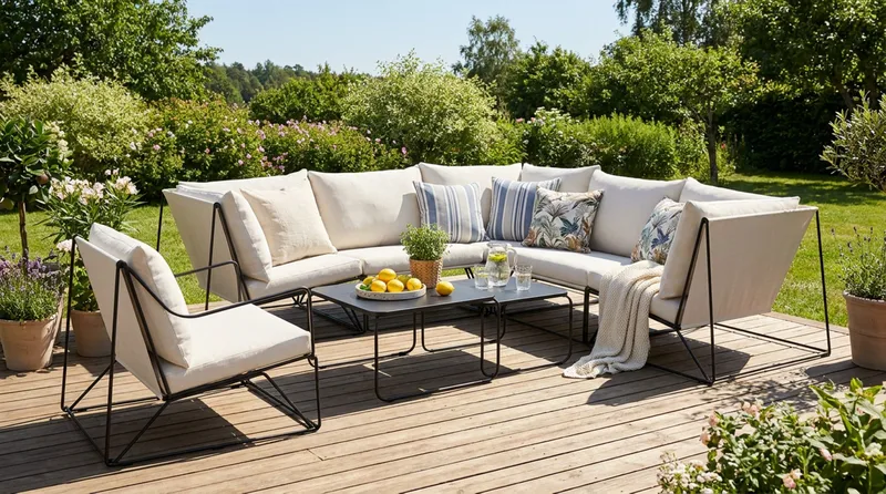 Usteryd utendørs hjørnesofa 6-seter vendbar med lenestol - Svart/Beige - Hagemøbler & utemiljø - Loungemøbler - Loungegrupper