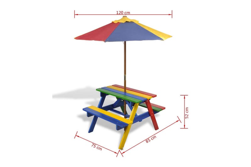 Barns piknikbord med benker og parasoll flerfarget tre - Flerfarget - Parasoller