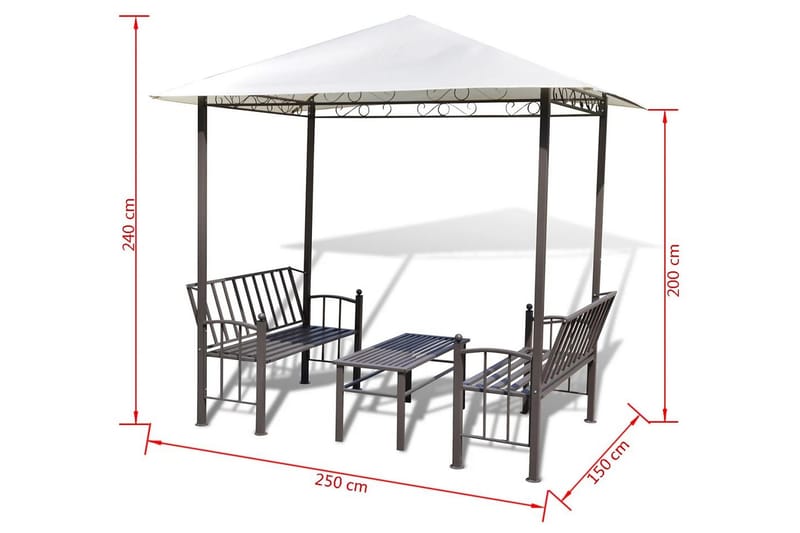 Hagepaviljong med bord og benker 2,5x1,5x2,4 m - Hvit - Komplett paviljong