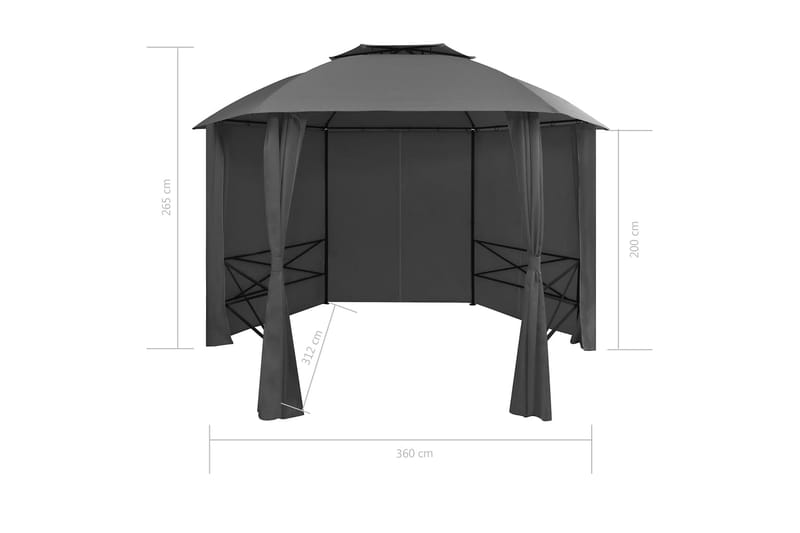 Hagepaviljong med gardiner heksagonal 360x265 cm - Grå - Komplett paviljong