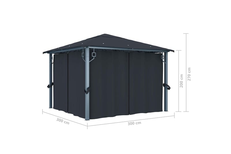 Paviljong med gardin og strenglys 300x300cm aluminium - Antrasittgrå - Komplett paviljong