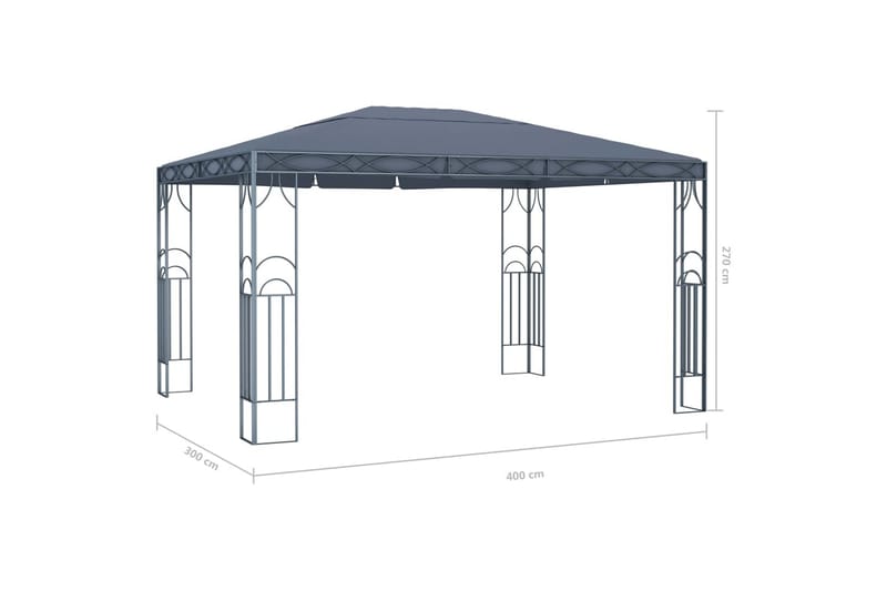 Paviljong med gardin og strenglys 400x300 cm antrasitt - Antrasittgrå - Komplett paviljong