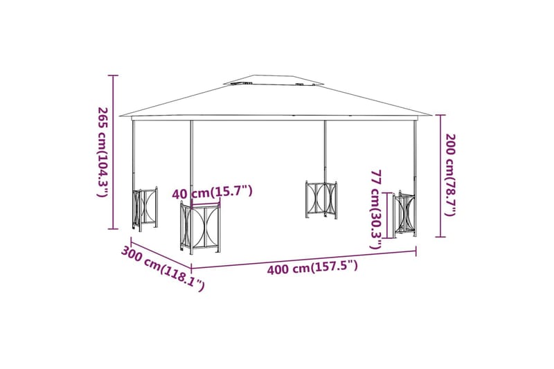 Paviljong med sidevegger og dobbelt tak 3x4 m gråbrun - Taupe - Komplett paviljong