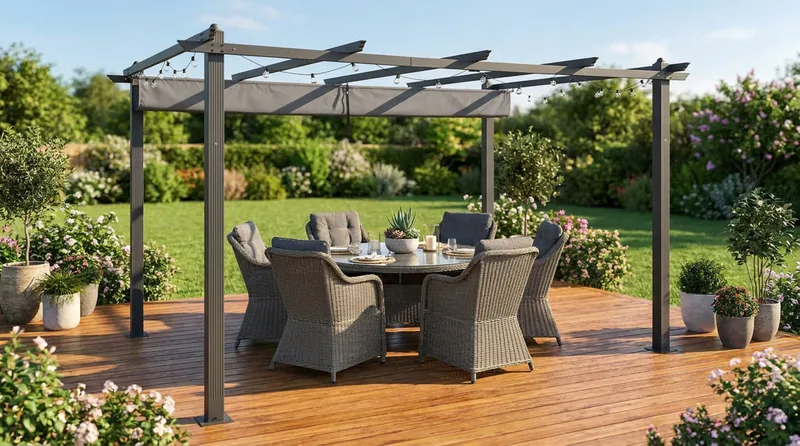 Porto stor pergola 4x3 m i aluminium med tak - Mørkgrå - Hagemøbler & utemiljø - Solbeskyttelse - Pergola