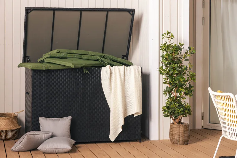 Gigant vanntett puteboks XL for utendørs bruk – Oppbevaringsboks i kunstrotting (B150xD90xH101 cm) - Svart - Hagemøbler & utemiljø - Utendørsoppbevaring - Puteoppbevaring - Puteboks & putekasse