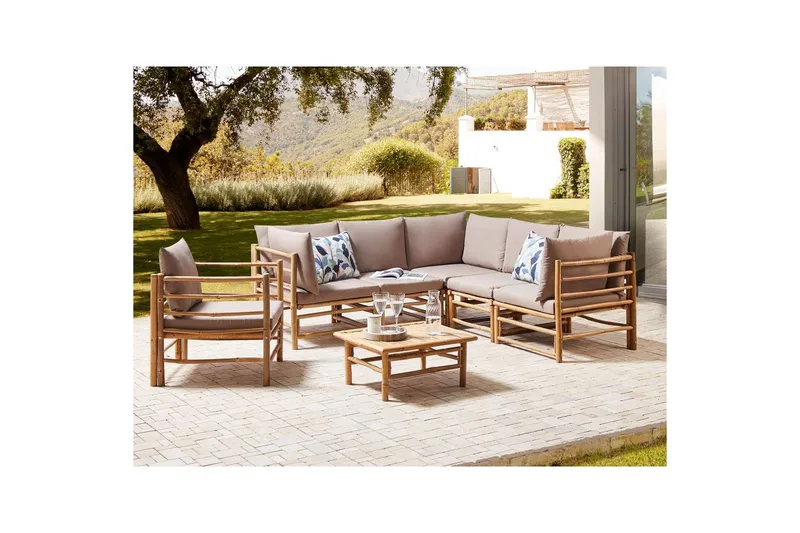 Hörnsoffa Beliani Cerreto Beige/ljust trä, 6-Sits Beige||Light wood - Hagemøbler & utemiljø - Loungemøbler - Loungegrupper