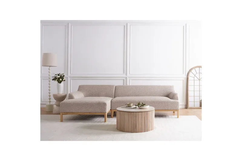 Hörnsoffa Beliani Sosjo Beige, ljust trä, Högervänd Brown||Light colored wood Left-faced - Møbler - Sofaer - Hjørnesofaer - Hjørnesofa med divan