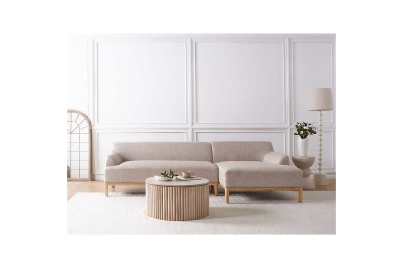 Hörnsoffa Beliani Sosjo Beige, ljust trä, Högervänd Brown||Light colored wood Right-faced - Møbler - Sofaer - Sofaer med sjeselong