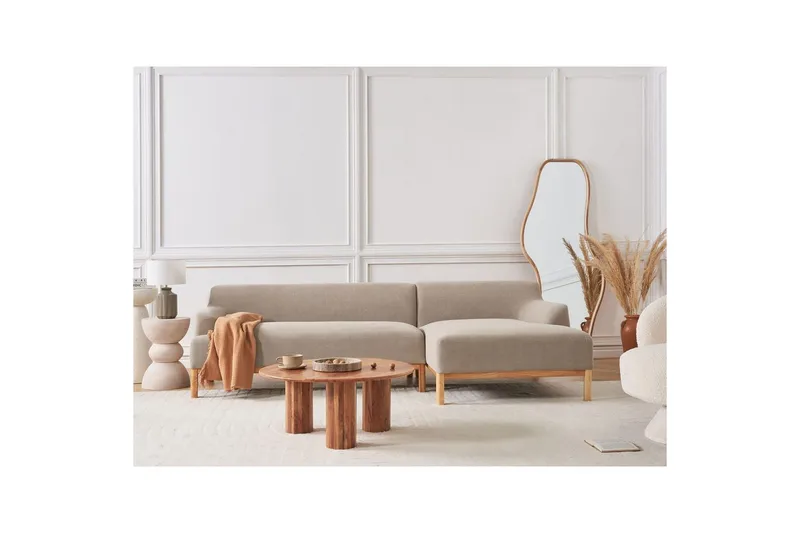 Hörnsoffa Beliani Sosjo Beige, ljust trä, Högervänd Taupe Right-faced - Møbler - Sofaer - Hjørnesofaer - Hjørnesofa med divan