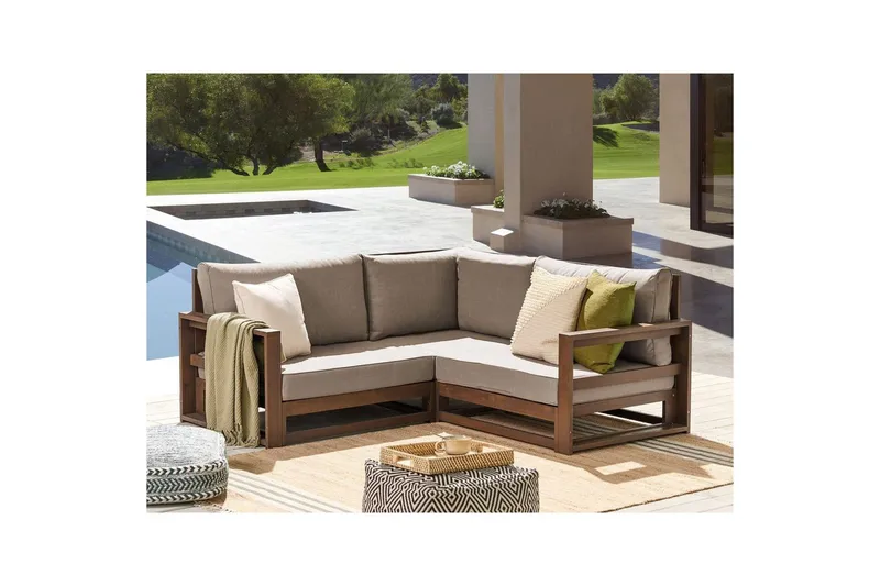 Hörnsoffa Beliani Timor Ljus trä/grått/beige, Ja Dark wood||Grey||Beige - Hagemøbler & utemiljø - Utesofa - Hagesofa & hagebenk