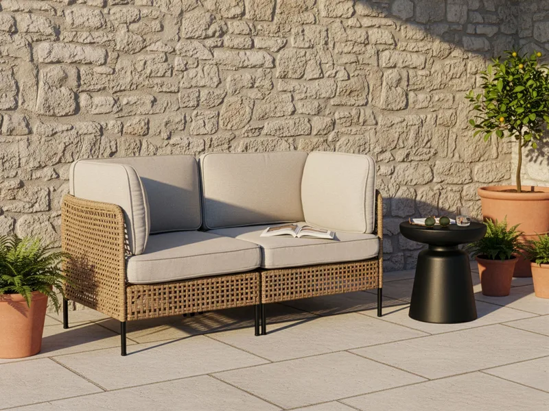 Sofa utendørs 2-seter Omegana kunstrotting - Beige/Svart - Hagemøbler & utemiljø - Utesofa