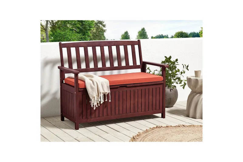 Trädgårdsbänk med dyna Beliani Sovana Mörk trä/vit, 120 cm Brown||Red - Hagemøbler & utemiljø - Utesofa - Hagebenk & utebenk