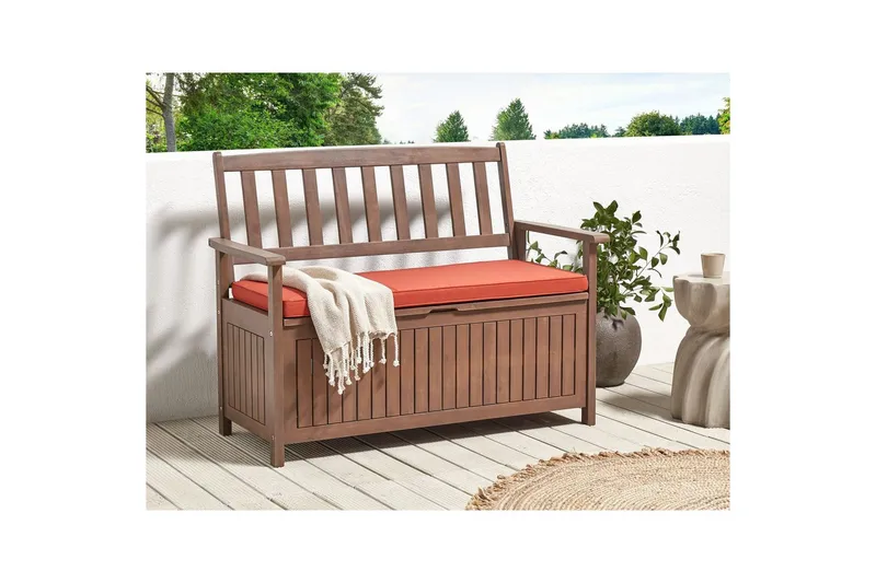 Trädgårdsbänk med dyna Beliani Sovana Mörk trä/vit, 120 cm Dark wood||Red - Hagemøbler & utemiljø - Utesofa - Hagebenk & utebenk