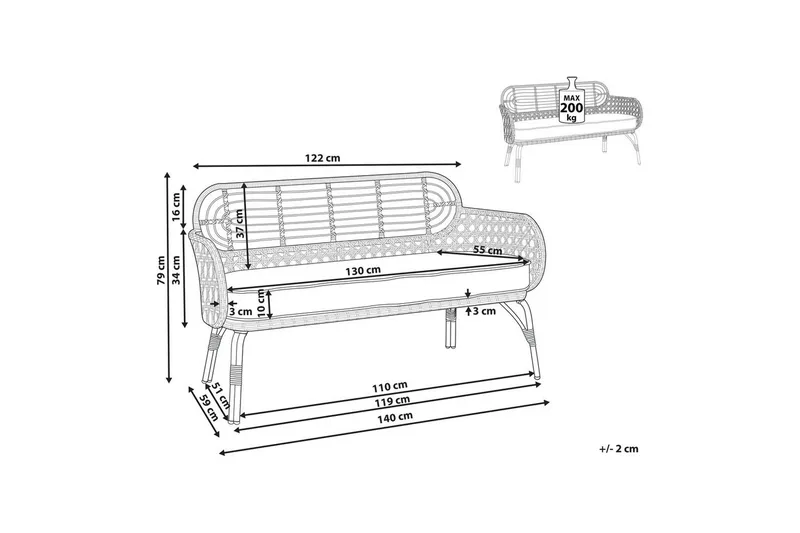 Trädgårdsbänk med dyna Beliani Pratello Natural||Beige||Grey||Black - Hagemøbler & utemiljø - Utesofa - Hagesofa & hagebenk