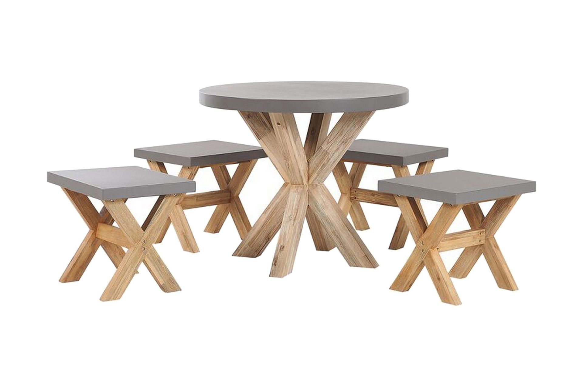 Utendørs spisegruppe Grå Betong Akasietre Rundt bord 4 krakker Moderne design Hagemøbler