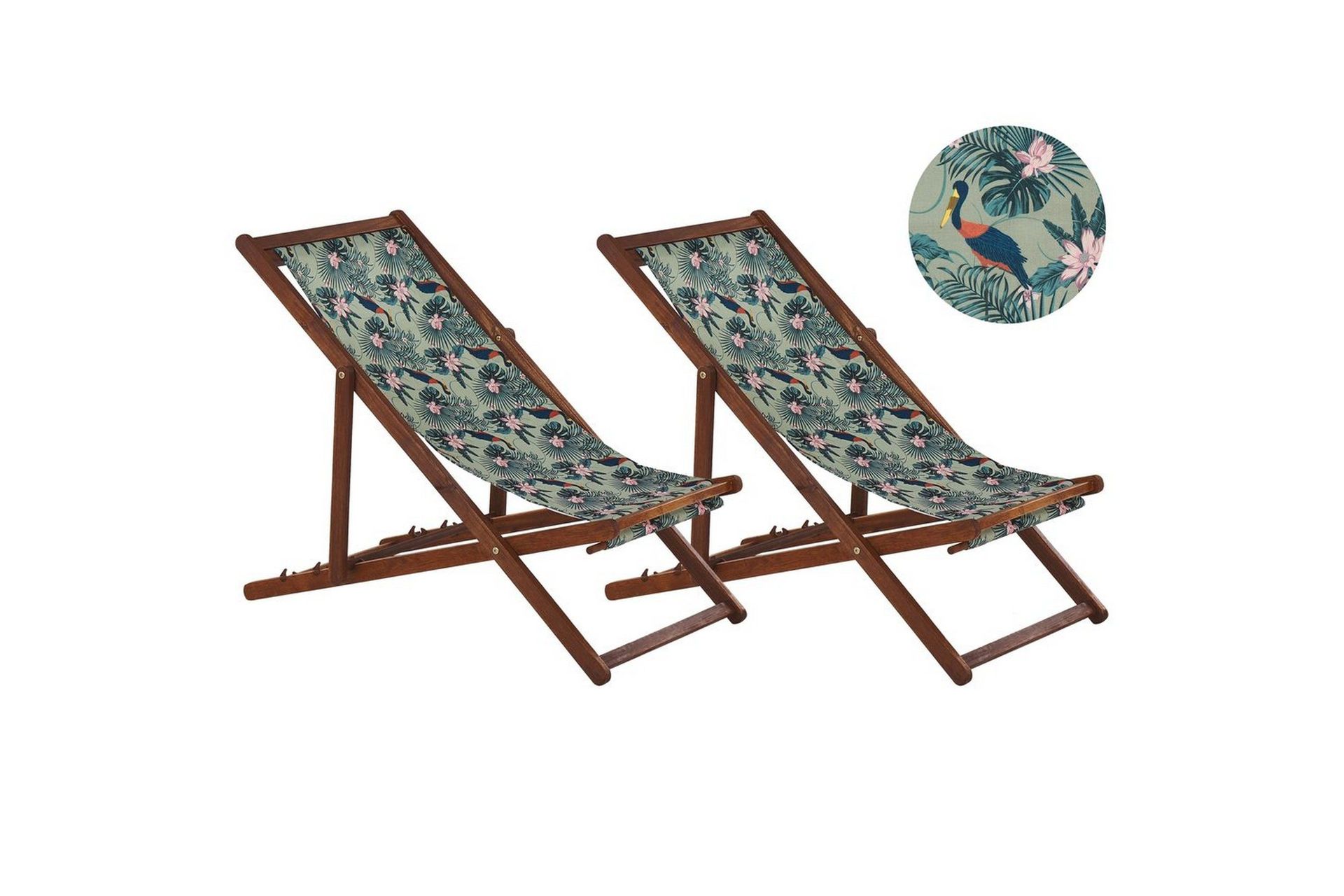 Sett med 2 Solsenger Akasietre Pelikanmotiv Stoff Hengekøye Sete Tilbakelent Sammenleggbar Solseng