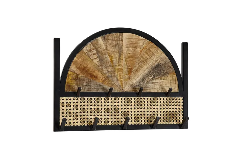 Garderobe Wohnling Vegghengt knaggrekke laget av massivt mangotre, to-rads metallkrokrekke, pulverlakkert