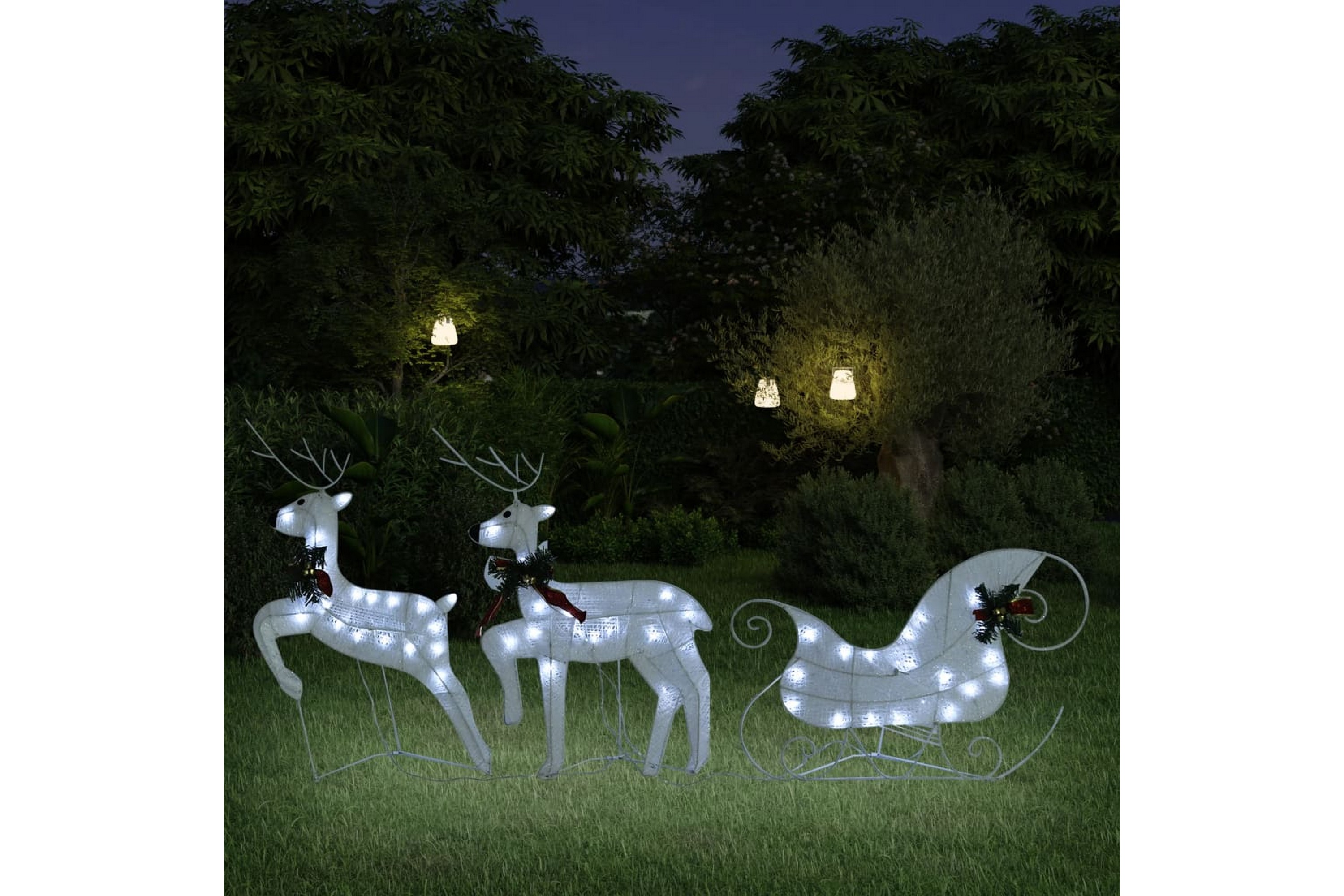 beBasic Reinsdyr og slede julepynt 60 lysdioder utendørs hvit -