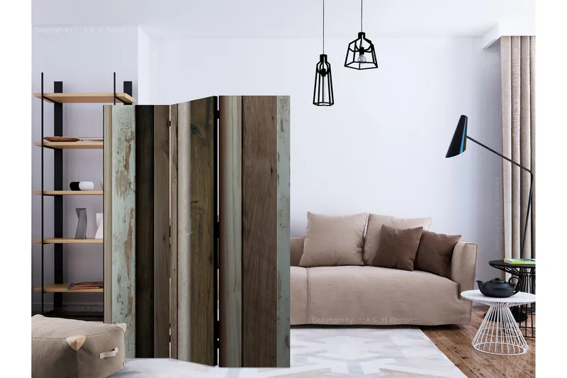 Kadira Sammenleggbar Rustikk Romdeler 135x172 cm med Tremønster i Stoff - Grå|Brun - Interiør - Dekorasjon & innredningsdetaljer - Romdelere