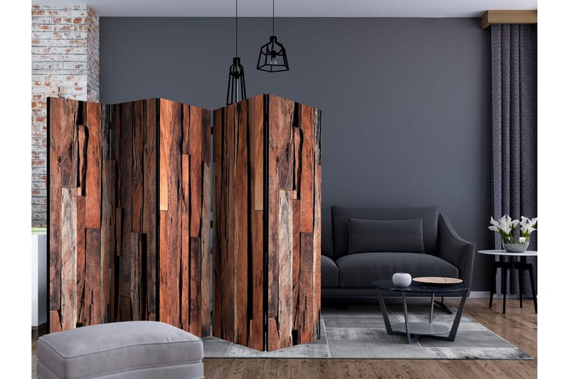 Kadira Sammenleggbar Rustikk Romdeler 172x225 cm med Tremønster i Stoff - Brun - Interiør - Dekorasjon & innredningsdetaljer - Romdelere