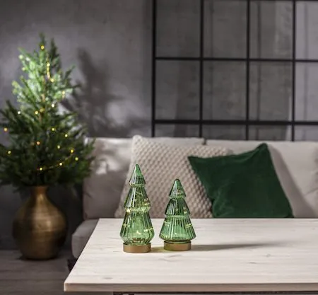 Verde juledekorasjon i glass 24 cm, transparent mørkegrønn med gullfarget sokkel