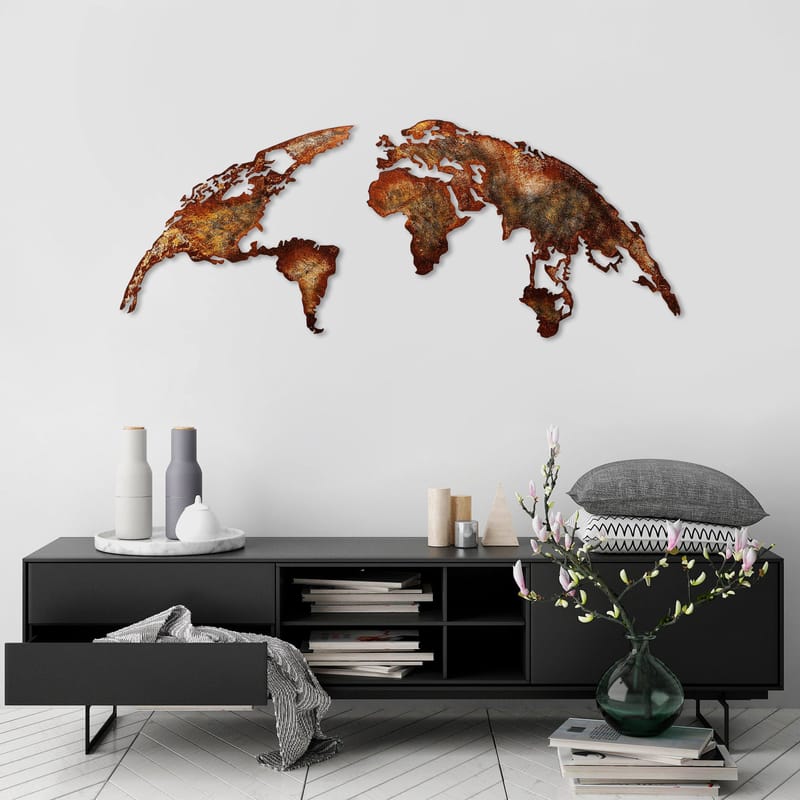 Dekorativt metallveggtilbehør Wallxpert Verdenskart (150 x 59 cm) Lysebrun - Interiør - Maleri & posters - Lerretsbilder