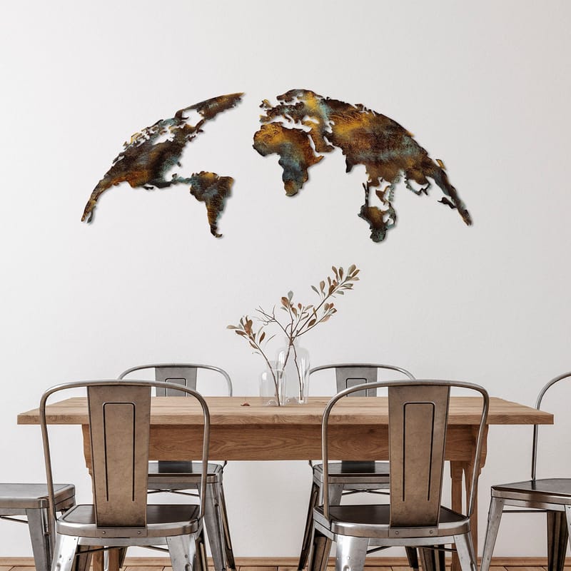 Dekorativt metallveggtilbehør Wallxpert Verdenskart (150 x 59 cm) Mørkebrun - Flerfarget - Interiør - Maleri & posters - Lerretsbilder