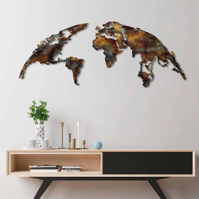 Dekorativt metallveggtilbehør Wallxpert Verdenskart (150 x 59 cm) Mørkebrun - Flerfarget - Interiør - Maleri & posters - Lerretsbilder