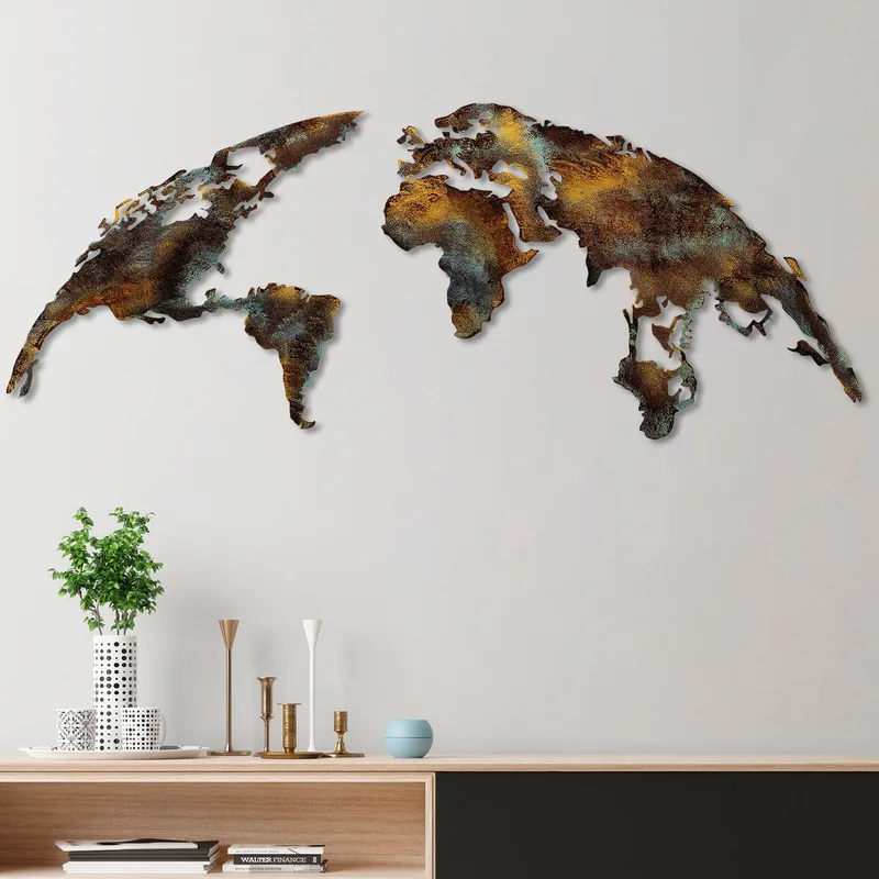 Dekorativt metallveggtilbehør Wallxpert Verdenskart (150 x 59 cm) Mørkebrun - Flerfarget - Interiør - Maleri & posters - Lerretsbilder