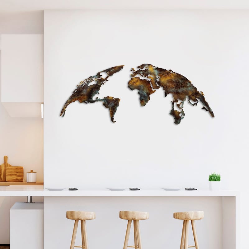 Dekorativt metallveggtilbehør Wallxpert Verdenskart (150 x 59 cm) Mørkebrun - Flerfarget - Interiør - Maleri & posters - Lerretsbilder