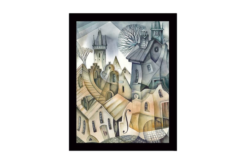 Innrammet lerret i tre - 41x56 cm - Abstrakt bybilde med bølgende hus og tårn, Grå / Beige / Lys blå