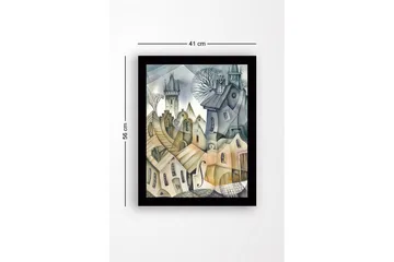 Innrammet lerret i tre - 41x56 cm - Abstrakt bybilde med bølgende hus og tårn - Grå / Beige / Lys blå - Interiør - Maleri & posters - Lerretsbilder