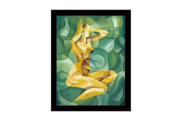 Innrammet lerret i tre - 41x56 cm - Abstrakt figur av en kvinne i en kurvet komposisjon - Grønn / Gul / Lys grønn - Interiør - Maleri & posters - Lerretsbilder