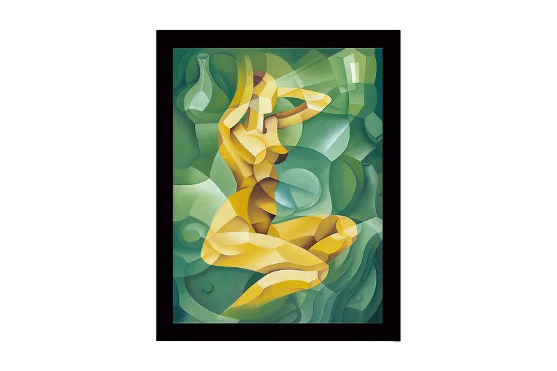 Innrammet lerret i tre - 41x56 cm - Abstrakt figur av en kvinne i en kurvet komposisjon, Grønn / Gul / Lys grønn