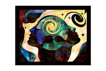 Innrammet lerret i tre - 41x56 cm - Abstrakt komposisjon av ansikter med spiraler og stjerner - Mørk blå / Turkis / Rød - Interiør - Maleri & posters - Lerretsbilder