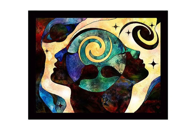Innrammet lerret i tre - 41x56 cm - Abstrakt komposisjon av ansikter med spiraler og stjerner, Mørk blå / Turkis / Rød