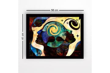 Innrammet lerret i tre - 41x56 cm - Abstrakt komposisjon av ansikter med spiraler og stjerner - Mørk blå / Turkis / Rød - Interiør - Maleri & posters - Lerretsbilder