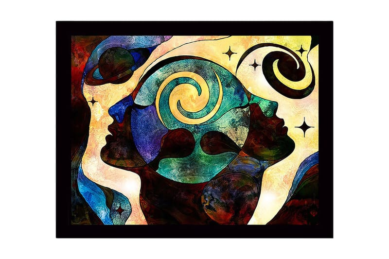 Innrammet lerret i tre - 41x56 cm - Abstrakt komposisjon av ansikter med spiraler og stjerner, Mørk blå / Turkis / Rød