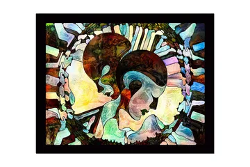 Innrammet lerret i tre - 41x56 cm - Abstrakt komposisjon av to ansikter som møtes - Mørk brun / Lys blå / Beige - Interiør - Maleri & posters - Lerretsbilder