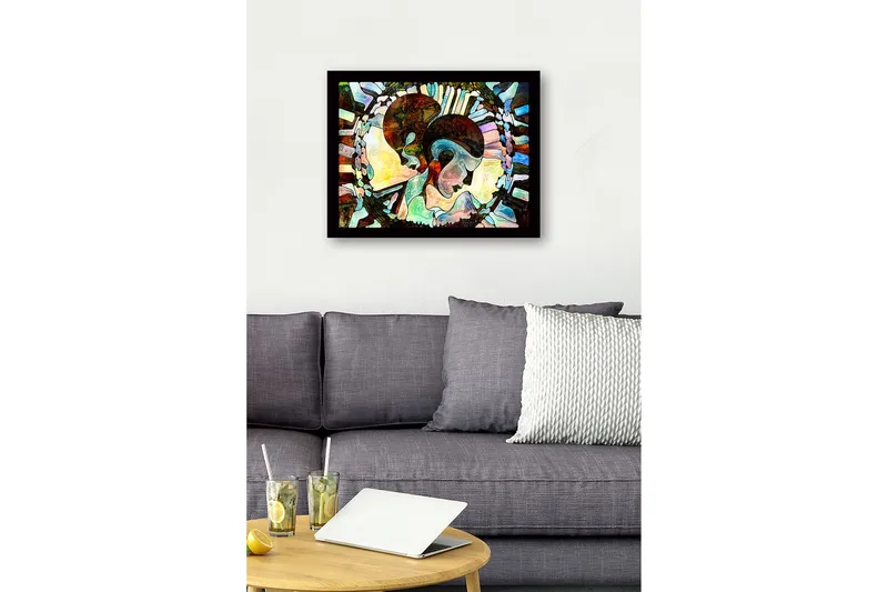 Innrammet lerret i tre - 41x56 cm - Abstrakt komposisjon av to ansikter som møtes - Mørk brun / Lys blå / Beige - Interiør - Maleri & posters - Lerretsbilder