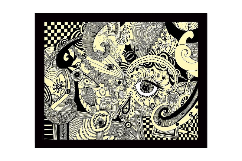 Innrammet lerret i tre - 41x56 cm - Abstrakt komposisjon med øyne og buede former, Svart / Beige