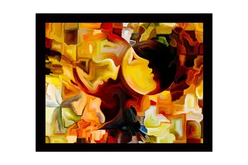 Innrammet lerret i tre - 41x56 cm - Abstrakt komposisjon med ansikter i kontrastfarger - Gull / Oransje / Mørk brun - Interiør - Maleri & posters - Lerretsbilder